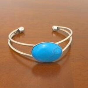 Faux Turquoise Silver Tone Boho Geometric Open Bracelet Pre-Owned.